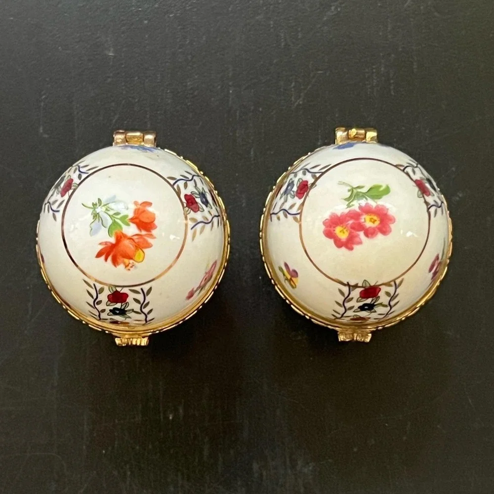 Trinket Box White Floral Gold Trim Hinged Footed Egg Set of 2 Small